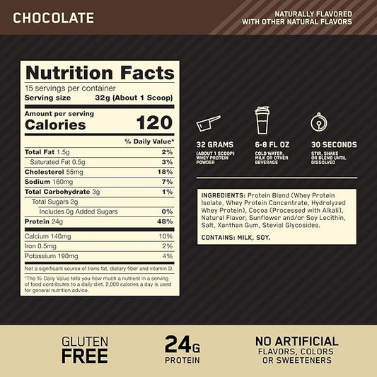 Optimum Nutrition Gold Standard 100% Whey Protein Powder, Naturally Flavored Chocolate, 15 Servings (Packaging May Vary)