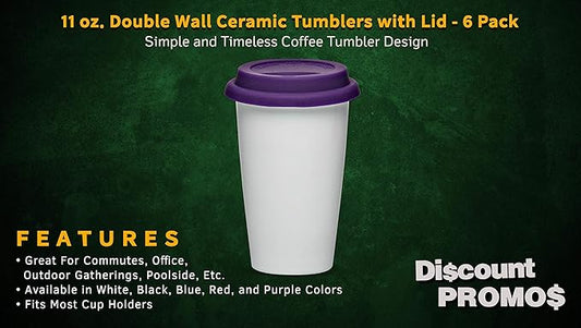 DISCOUNT PROMOS 11 oz. Double Wall Ceramic Tumblers with Lid - 6 Pack - Purple