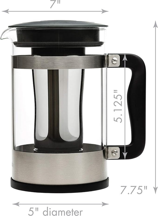 Primula Kedzie Deluxe Cold Brew Iced Coffee Maker Comfort Grip Handle, Durable Glass Carafe, Removable Mesh Filter, 6 Cup, Brushed Stainless Steel