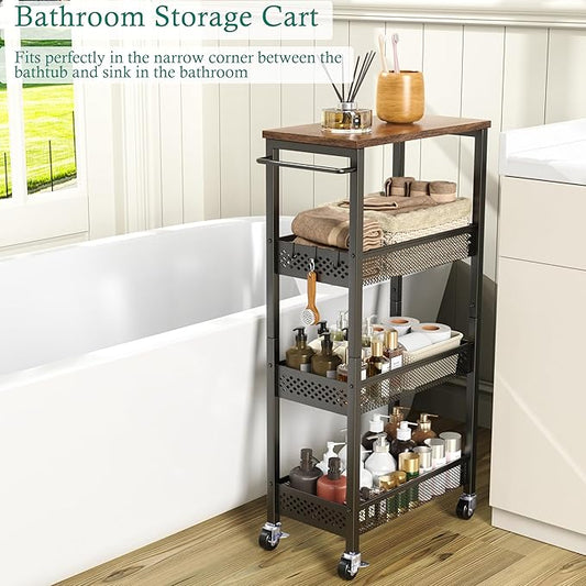Slim Storage Cart 4 Tier Fruit and Vegetable Baskets for Kitchen Small Space, Narrow Laundry Cart on Wheels with Wooden Top and Metal Handle for Pantry, Bathroom, Laundry Room