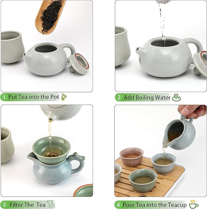 Ceramic Kungfu Tea Sets 12 Piece,Mini Protable Travel Tea Set With Tea Pot, 4x Tea Cups, Bamboo Tea Tray, Tea Canister, Travel Bag |Asian Tea Set Suitable for Office, Picnic, Home, BusinessTrip