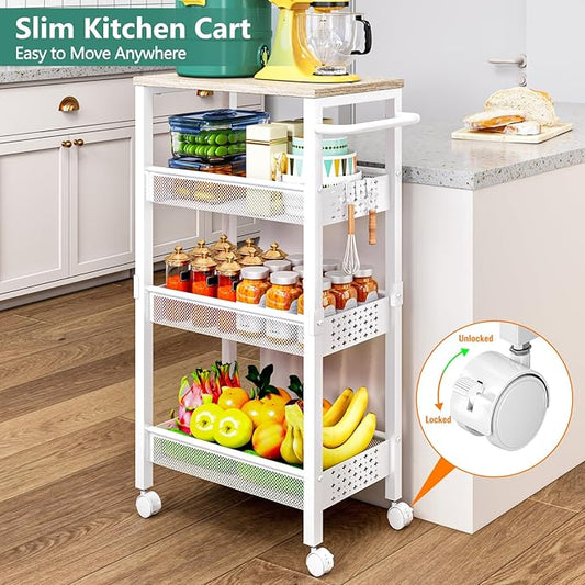 Utility Slim Storage Cart with Wheels, 4 Tier Small Rolling Cart with Wood Top, Metal Kitchen Bathroom Laundry Room Organization Trolley with Handle for Narrow Space - White