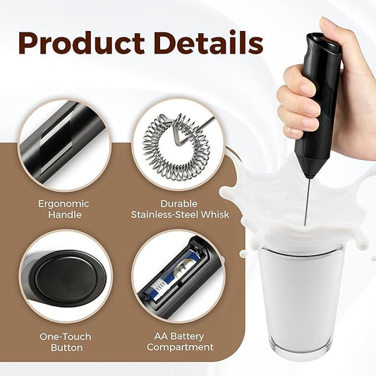 HealSmart Milk Frother Handheld, Battery Operated Electric Drink Mixer with Stainless Steel Whisk and Stand for Coffee, Lattes, Cappuccino, Matcha, Hot Chocolate, Black