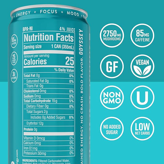 Odyssey Functional Energy Drink for Focus, Cognition & Mood Support 12 Pack - Adaptogenic Drink with 85mg Green Tea Caffeine, Lion’s Mane, Cordyceps, L-Theanine & Ginseng, Sparkling Tropical