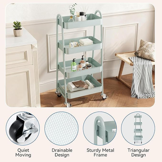 OLIXIS 4 Tier Utility Rolling Cart, Metal Mobile Storage Shelf with Lockable Caster Wheels, Organization for Livingroom, Bathroom, Kitchen, & Narrow Places, 4-Tier Green