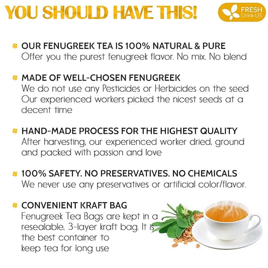 FreshDrinkUS, Premium 30 Fenugreek Tea Bags, 100% Natural & Pure from Fenugreek. Fenugreek Herbal Tea. Made with Natural Material Tea Bags. No Sugar, No Caffeine, No Gluten, Vegan.