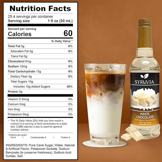 Syruvia Coffee Syrup, White Chocolate Flavored Syrup for Drinks, Lattes, and Desserts – 25.4 fl oz, With Pump