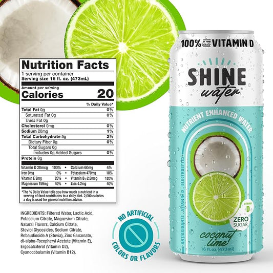 Shine Water Coconut Lime Vitamin D Electrolyte Drinks 12-Pack, Sugar Free Flavored Water with Magnesium, Zinc & Antioxidants, Low Calorie Hydration Beverage, Plant-Based Vitamin Water Zero Sugar