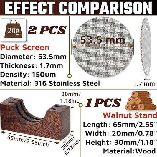 2 Packs Espresso Puck Screen 53.5mm With Walnut Stand,1.7mm Thickness 150μm Mesh For Puck Screen 54mm Breville 54mm Puck Screen 54mm Portafilter Espresso Filter Espresso Screen Breville Espresso