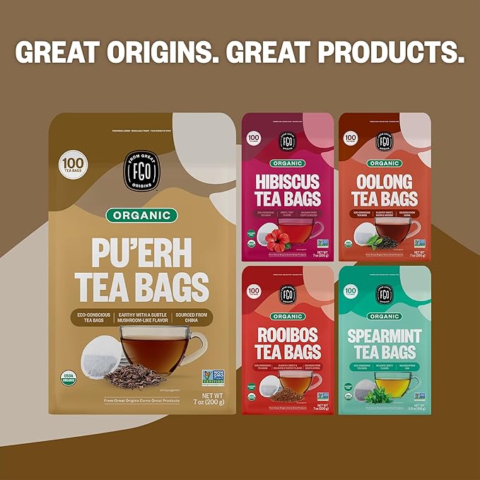 FGO Organic Pu'erh Tea, 100 Count, Eco-Conscious Black Tea Bags, Resealable Bag, Packaging May Vary (Pack of 1)