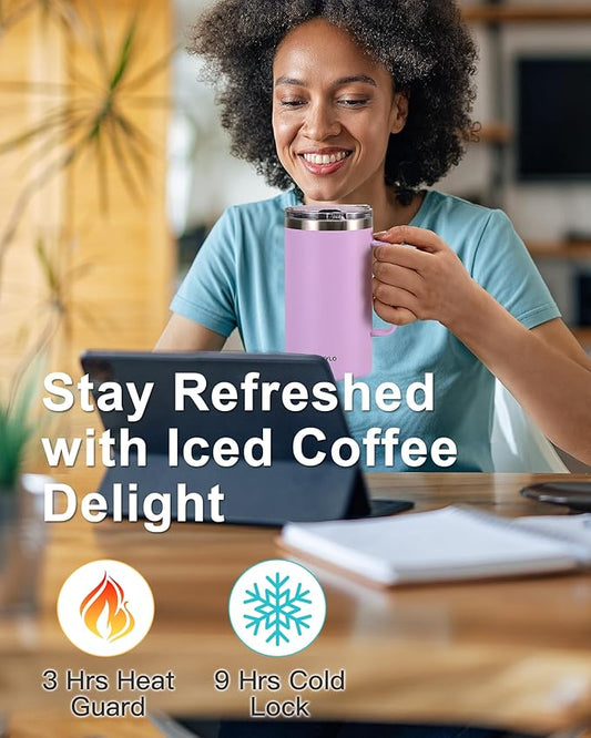 Insulated Coffee Mug 24 oz, Double Wall Stainless Steel Coffee Mug with Lids, Leak-Proof & Detachable Slider Lid for Thorough Clean, Keeps Coffee Cold for 9 Hrs, Suitable for Camp Home Office