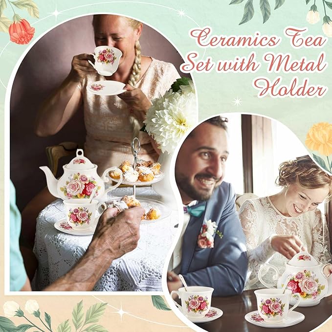 Zhehao 20 Pcs Porcelain Tea Set with Metal Holder and Spoon Adult Ceramic Tea Set European Flower Painting Teapot Cup Saucer Spoon for Women, Large Version(Modern Style)