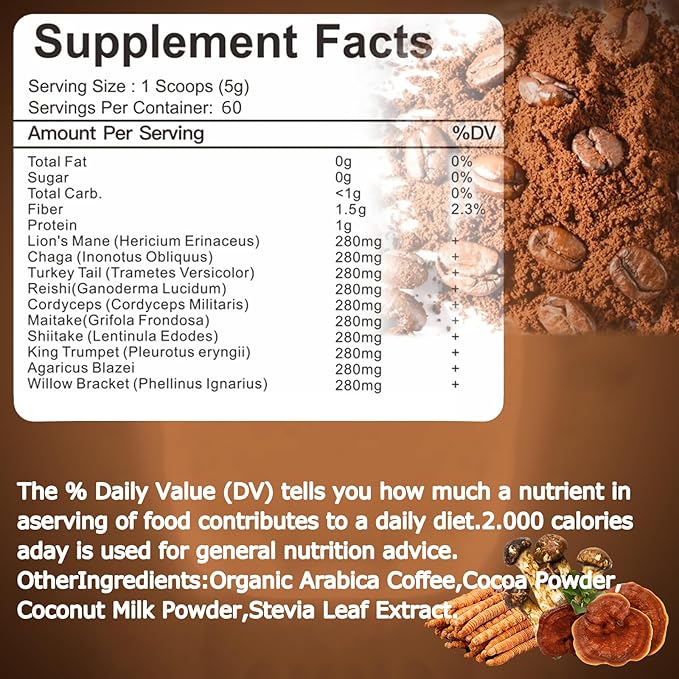 Mushroom Coffee, 10 Mushroom Extract Powder Blend Lion's Mane, Reishi, Chaga, Cordyceps, Turkey Tail, Brain Supplements with Instant Coffee for Energy, Focus, Memory and Immunity 300g