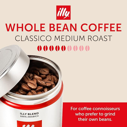 illy Whole Bean Coffee, Classico Medium Roast, 100% Arabica, Premium Italian Coffee, Ideal for Espresso, Drip, Moka and French Press Brewing, 8.8oz, 12 Pack