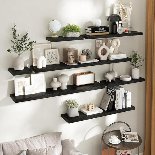 Floating Shelves for Wall with Invisible Brackets, Wall Mounted Engineered Wood Shelves with Wood Grain for Living Room, Bedroom, Bathroom, Kitchen Decor and Storage, Oak, 24"L Set of 2, Black