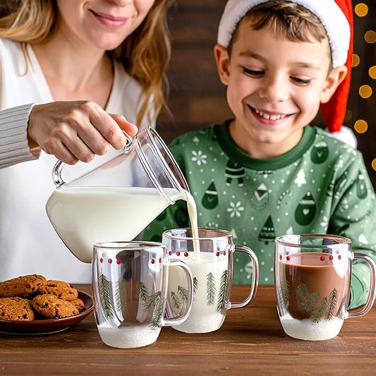 Gusto Buono Christmas Double Wall Glass Mugs Set of 4, 11 oz Borosilicate Coffee Tea Mugs, 12 cm Clear Insulated Glass with Christmas Design Inside, Italian Crafted Winter Charm