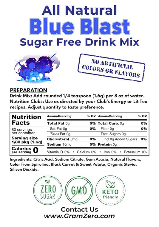 GramZero All Natural Blue Blast Zero Calorie Sugar Free Drink Mix, Great For Nutrition Club Loaded Tea, Stevia Sweetened