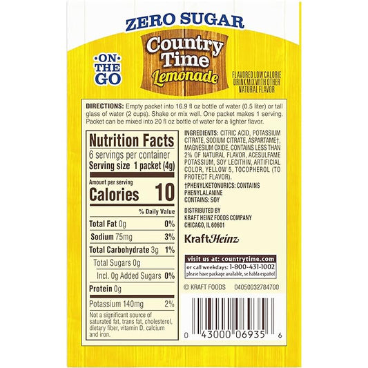 Country Time Zero Sugar Lemonade Naturally Flavored Powdered Drink Mix, 6 ct On-the-Go Packets