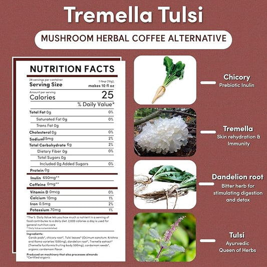 Teeccino Tremella Tulsi Coffee Alternative - Cardamom - Organic Adaptogenic Herbal Mushroom Coffee, Medium Roast, Caffeine Free, Prebiotic, Acid Free, Gluten Free - 10 Oz