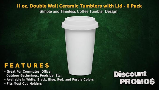 DISCOUNT PROMOS 11 oz. Double Wall Ceramic Tumblers with Lid - 6 Pack - White