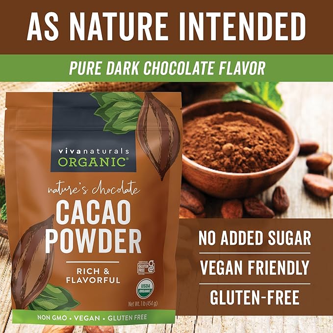 Organic Cacao Powder, Unsweetened, 1 lb (454 g) – Rich Dark Chocolate Flavor, Perfect for Baking, Smoothies & Hot Chocolate – Vegan, Keto, Paleo, Non-GMO & Gluten-Free Cocoa Powder