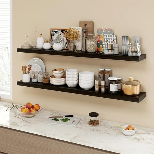 55 Inch Floating Shelves, 9.3" Deep Floating Shelf Wall Mounted, 56" Wall Shelves, Rustic Deep Bookshelf, Large Display Shelves & Storage Shelves for Bedroom, Living Room, Black, Set of 1