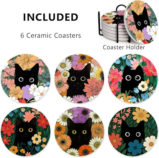 6Pcs Black Cat Coasters with Holder, Cute Floral Cat Ceramic Drink Coaster for Kinds of Cups Coffee Table Decor Cats Lover Gifts
