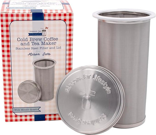 32oz Quart Cold Brew Coffee and Tea Maker Stainless Steel Filter for Mason Jars With Lid and 2 Silicone Seals (No Jar)
