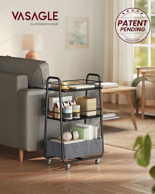 VASAGLE LILEA Collection - Storage Cart with Fabric Basket, 3-Tier Rolling Utility Cart with Wheels and Shelves, for Living Room Bedroom Kitchen, Ebony Black and Slate Gray ULRC001BE02
