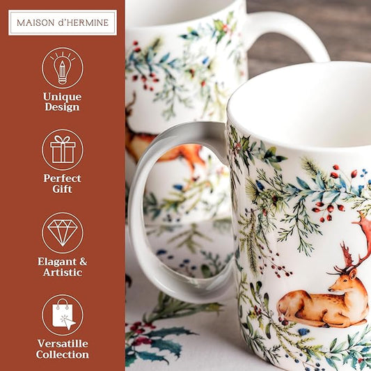 Maison d' Hermine Coffee Mug with Handles Fine Bone China Mugs Pack of Two Tea Cups for Hot Beverages Cappuccino Latte Home Restaurant Office Perfect for Gift (Holly Time, 12 Ounce)