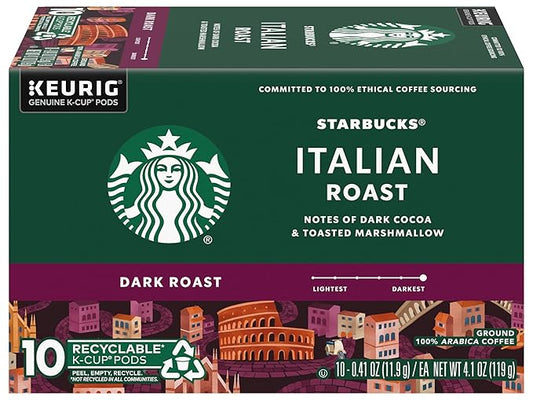 Starbucks Coffee K-Cup Pods, Italian Roast Coffee, Dark Roast, 100% Ground Arabica Coffee, Keurig Genuine K-Cup Pods, 10 CT K-Cups Per Box (Pack of 2 Boxes)