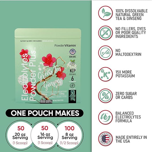 PowderVitamin Electrolytes Powder Plus (50 Servings) Green Tea Ginseng Electrolyte Powder Keto, Sugar Free, Pink Himalayan Salt,1000mg Potassium,120mg Calcium,120mg Magnesium, Hydration Powder