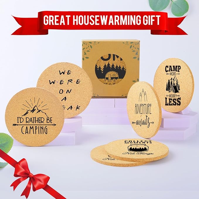 Coasters for Drinks with Holder Set of 6, Camping Coaster Absorbent Cork Wood for Cup Desk Office Table Kitchen Decor House Warming Gifts for New Home Couples, Round 4"