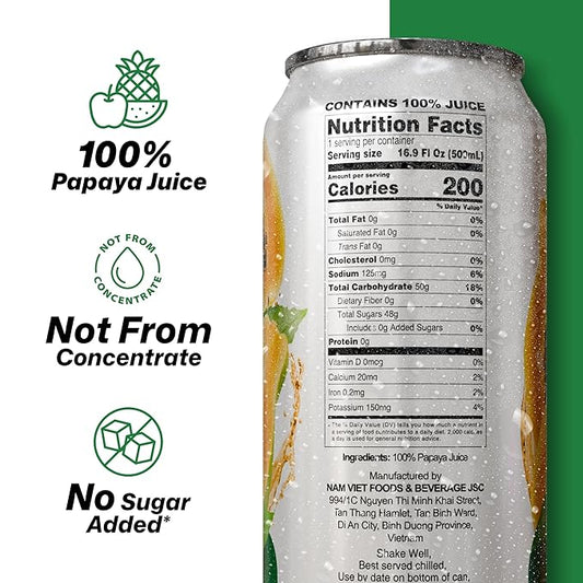 VINUT 100% Papaya Juice, No Added Sugar, Not From Concentrate, 16.9 fl oz (500 mL) Can, Pack of 12
