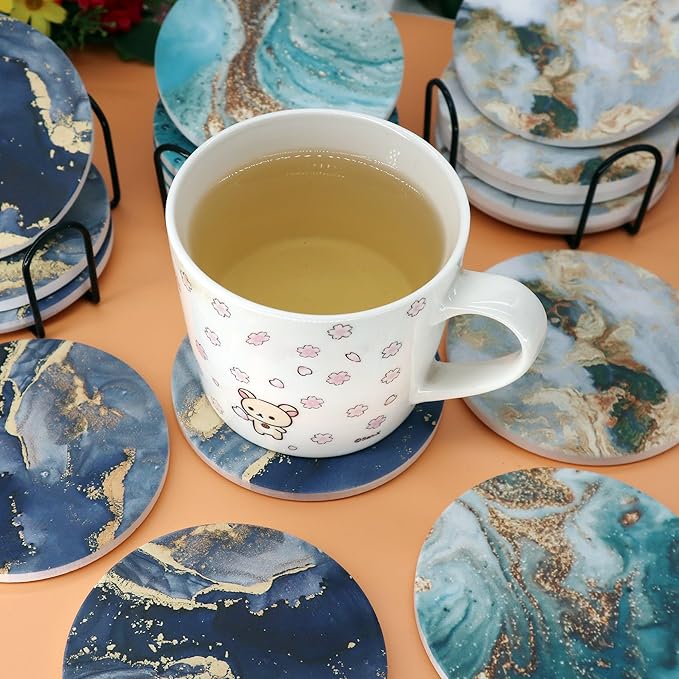 Navy Blue Marble Ceramic Coasters with Holder Absorbent Drink Coaster Set Outdoor Round Abstract Cute Table Decorative Coffee Cup Beverage Fun Wine Beer Bar Gold Housewarming 6 Pack
