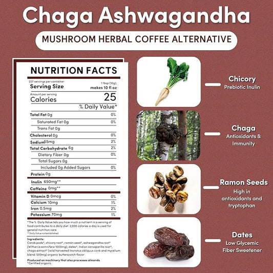 Teeccino Chaga Ashwagandha Coffee Alternative, 5 Lb Bag - Butterscotch Cream - Organic, Adaptogenic Herbal Mushroom Coffee, Medium Roast, Caffeine Free, Prebiotic, Acid Free, Gluten Free