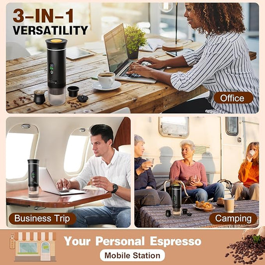 Portable Battery Espresso Coffee Maker for Travel, 20 bar Smart Display Mini Car Espresso Machines, 3-in-1 Self-Heating Electric Espresso Maker, USB-C Ground Coffee & Capsule Pod(Ns&DG) RV, Hiking