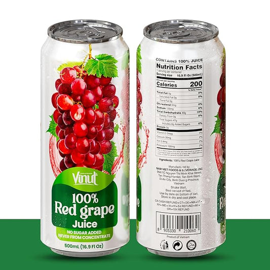 VINUT 100% Red Grape Juice, No Added Sugar, Not From Concentrate, 16.9 fl oz (500 mL) Can, Pack of 12