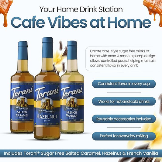 Jimoco Barista Set – Torani Sugar Free French Vanilla, Salted Caramel & Hazelnut Syrups (25.4 oz Each) with 3 Jimoco Syrup Pumps, Reusable Cups, Straws & Stirrers – Coffee, Italian Soda & Cocktail Flavoring Kit