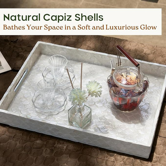 Capiz Decorative Tray 15.8” x 11.8” x 1.8" Rectangular Tray, Natural Handmade Serving Tray with Handles for Coffee Tables, Ottoman, Vanity, Kitchen, Coastal Boho Home Decor, White