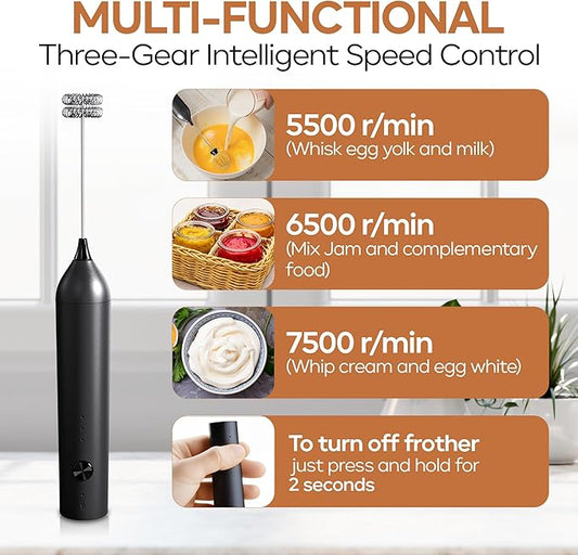 Handheld Milk Frother Wand Rechargeable with Stand - Double Whisk Milk Frother Handheld -3 Speed Levels- Coffee Stirrers Electric Drink Mixer - Coffee Frother Handheld (Upgraded - Black with Stand)