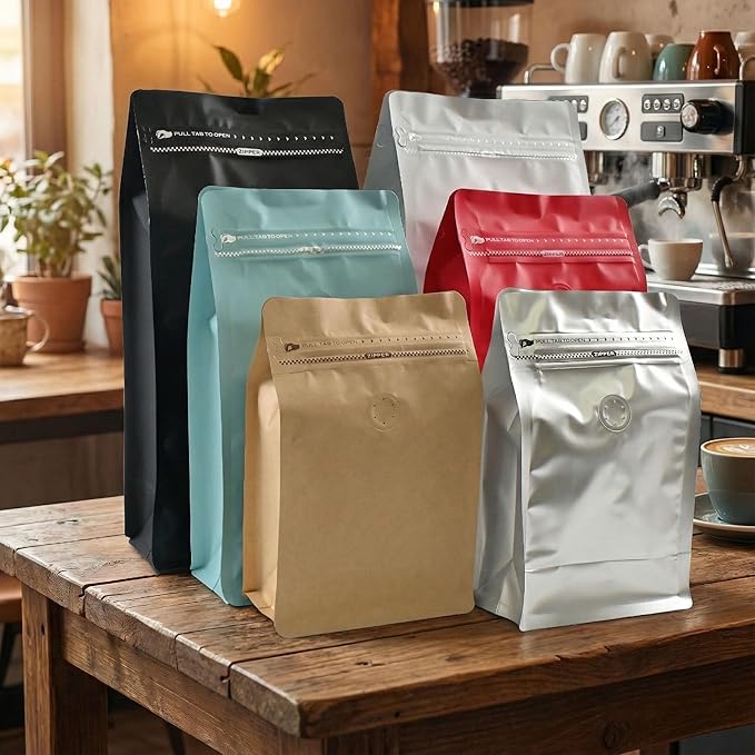 12mil Stand Up Coffee Bags, Flat Bottom Pouch with one-way Air Release Valve and Reusable Side Zipper(Black, 100PCS-Small-0.5lb/8oz/250g)