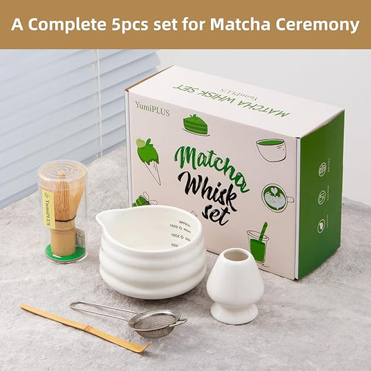 5pcs Premium Matcha Set,Ceramic Bowl with Spout and Bamboo Whisk set, Ceremonical Matcha Kit for breakfast/latte,Tea Starter Making Kit,Unique Matcha Gift set (white)