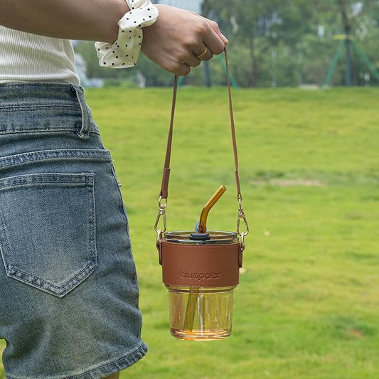 13 oz Tumbler Water Glass, Water Bottle with Straw and Dustproof Lid, Coffee Ice Cup Double Wall Insulated Glass Cup (Amber with Sleeve and Strap)