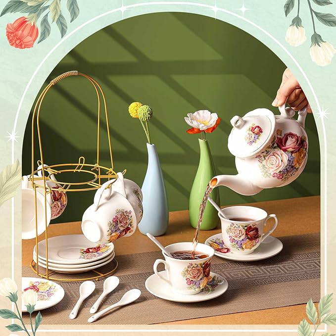 Zhehao 20 Pcs Porcelain Tea Set with Metal Holder and Spoon Adult Ceramic Tea Set European Flower Painting Teapot Cup Saucer Spoon for Women, Large Version(Styleish Style)