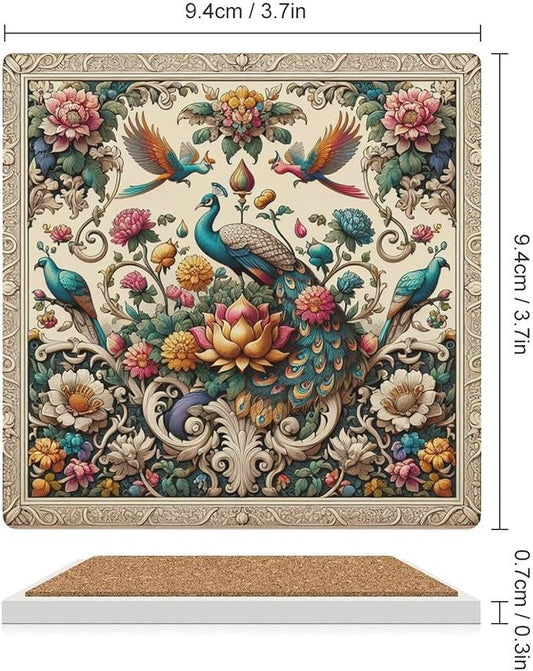 Peacock Drink Coasters, Square Ceramic Drink Coaster Square-6PCS, Beautiful Plant Colorful Floral Peacock Boho Peacockr Absorbent Ceramic Coasters for Beverage Cup, Bar, Coffee Table