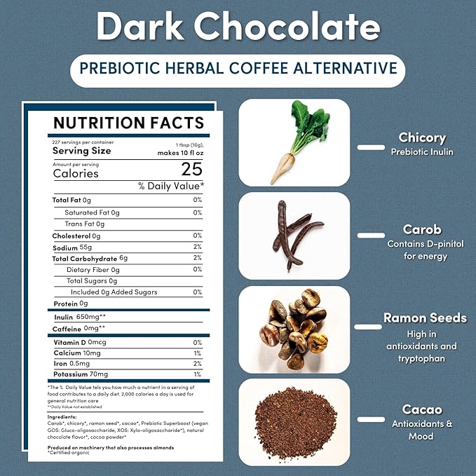 Teeccino Dark Chocolate Prebiotic SuperBoost™ Coffee Alternative, 5 Lb Bag - Support Probiotics with Caffeine-Free Herbal Coffee Featuring 3 Vegan Prebiotics for Gut Health, 5 lb