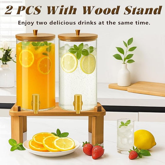 VERSSURE 2PCS Drink Dispenser, 1.5 Gallon Each Glass Beverage Dispenser with Wood Stand and Stainless Steel Faucet Ideal for Juice, Lemonade, and Tea,Large Drink Dispenser for Parties and Home Use