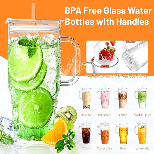 2Pack 40OZ Glass Tumbler with Handle,Glass Cup with Lid and Straw,Reusable Glass Iced Coffee Cup for Beer, Smoothies, Juice,Hot/Cold Drinks-Suitable for Birthday,Wedding,Christmas Gifts