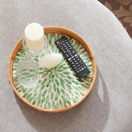 YANGQIHOME Round Serving Tray with Decorative Mother of Pearl Inlay, Woven Rattan Tray for Home Decor, Table Decor, Gifts, Dining, Food, Fruit, Coffee, 13.8 inch